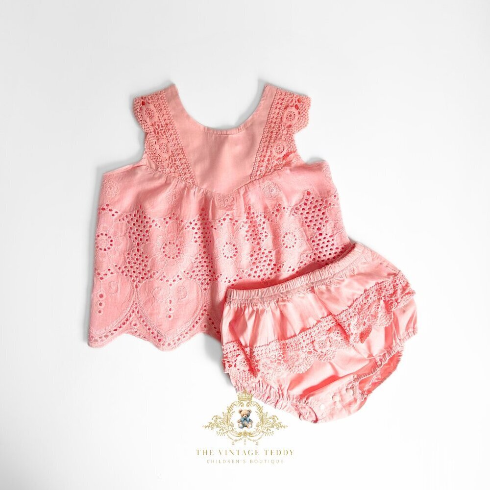 NWT Pretty Girls Blouse & Bloomer Matching Set Eyelet LaceEmbroidery Boho 18-24M